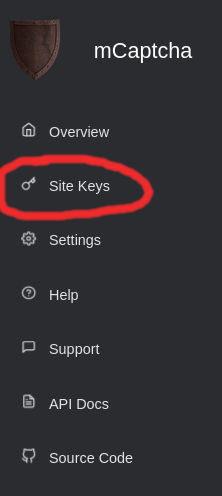 Site key menu option on the dashboard, encircled in red.